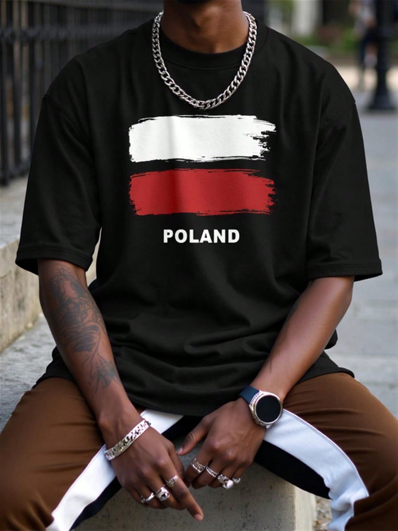 Men'S Polish Flag Graphic T-Shirt - Black With White & Red Stripes & Bold POLAND Text - Lightweight Breathable Cotton Tee For Everyday & Formal Wear - All-Season Casual Shirt - Ideal Polish Heritage Gift For Men, Patriotic Apparel, Geometric Pattern, Comf
