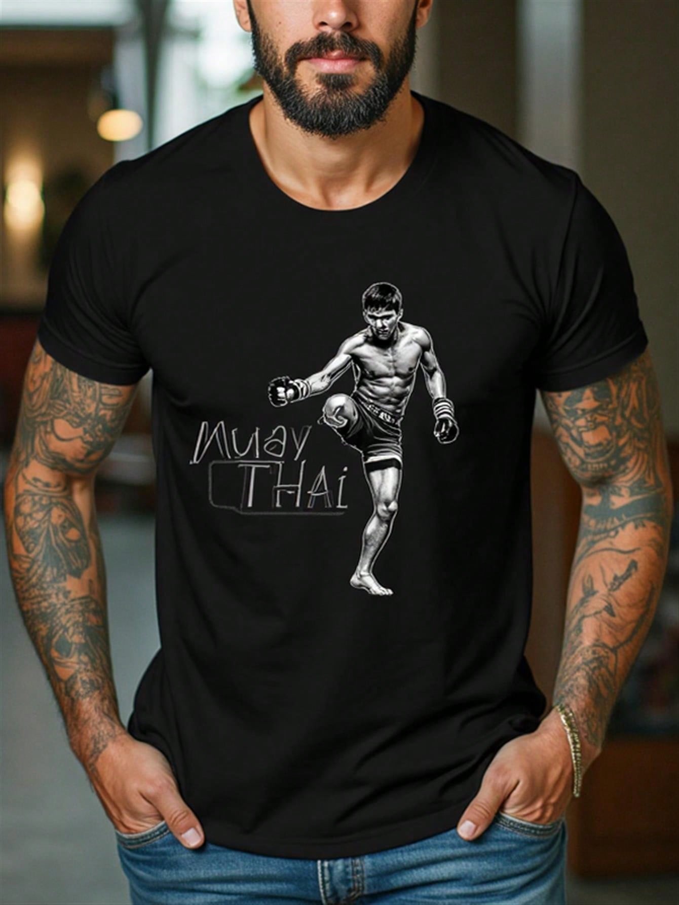 Men'S Muay Thai Fighter Graphic T-Shirt - Martial Arts Training Tee, Machine Washable All-Season Shirt For Gym, Casual Outfits & Thai Boxing Fans - Ideal Men'S Gift, Gym Wear, Bold Print, Durable Tee, Short Sleeve Top, Fitness Enthusiasts,100% Pure Cotton