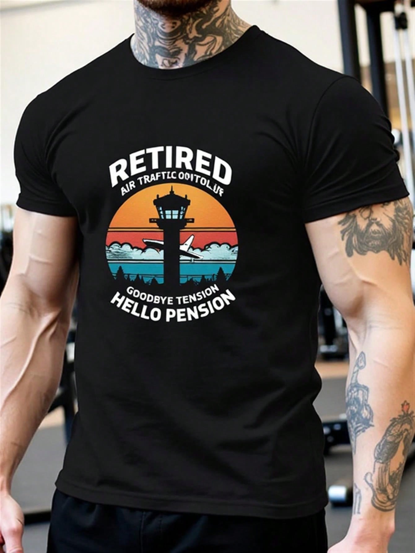 Men's Retired Air Traffic Controller T-Shirt - Aviation-Themed Black Cotton Tee With ATC Tower & Airplane Sunset Graphic, Funny Retirement Gift For Controllers, Casual Short Sleeve Round Neck Shirt For Aviation Enthusiasts, Vintage Aviation Design, Comfor
