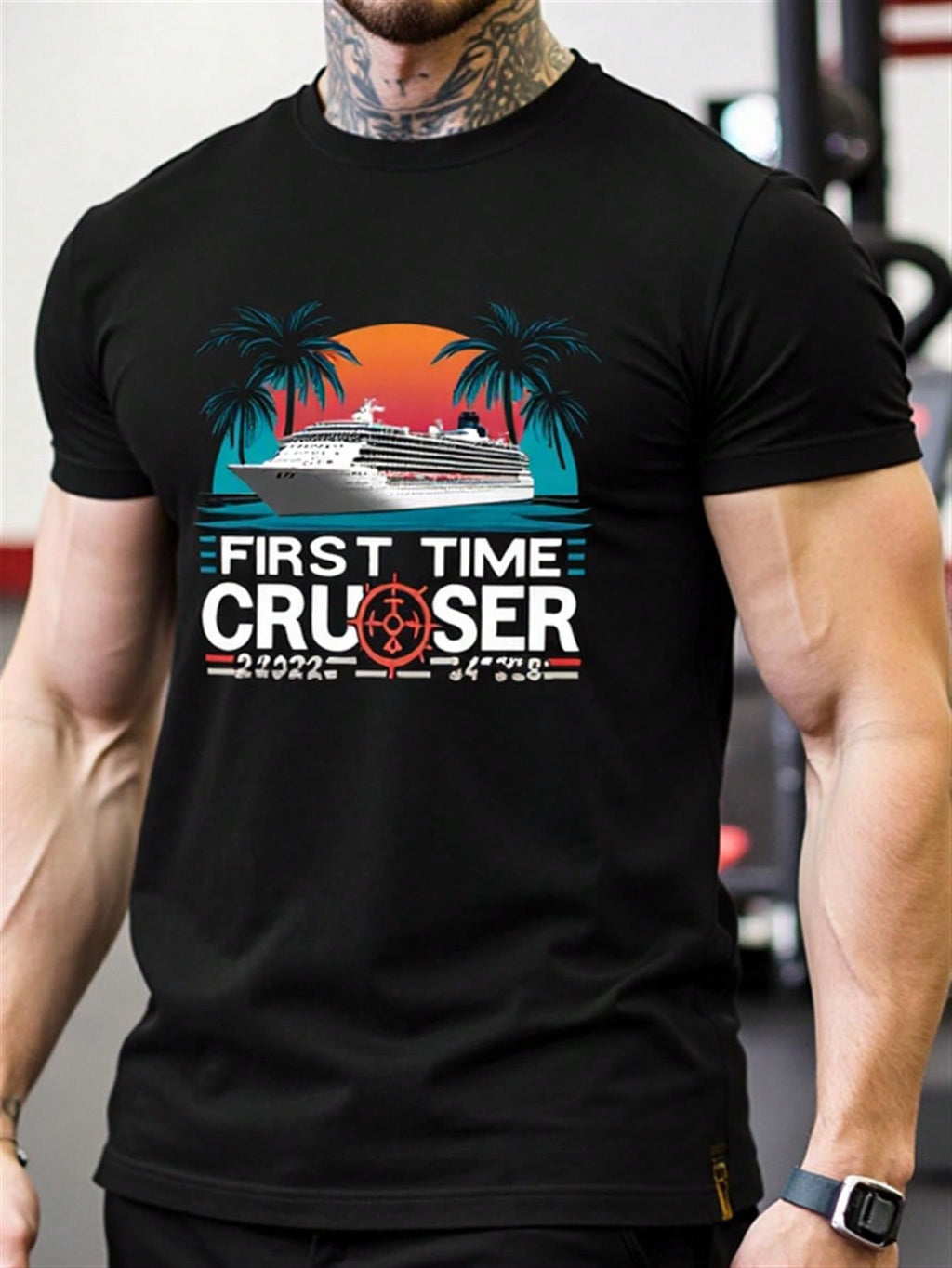Men's 2025 Cruise Themed T-Shirt - First Time Cruiser Graphic With Cruise Ship & Tropical Palm Tree Design, 100% Cotton Short Sleeve Round Neck Casual Vacation Shirt For Summer Travel, Cruise Gifts & Nautical Apparel, Featuring Geometric Pattern, Heat Tra