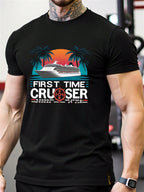 Men's 2025 Cruise Themed T-Shirt - First Time Cruiser Graphic With Cruise Ship & Tropical Palm Tree Design, 100% Cotton Short Sleeve Round Neck Casual Vacation Shirt For Summer Travel, Cruise Gifts & Nautical Apparel, Featuring Geometric Pattern, Heat Tra