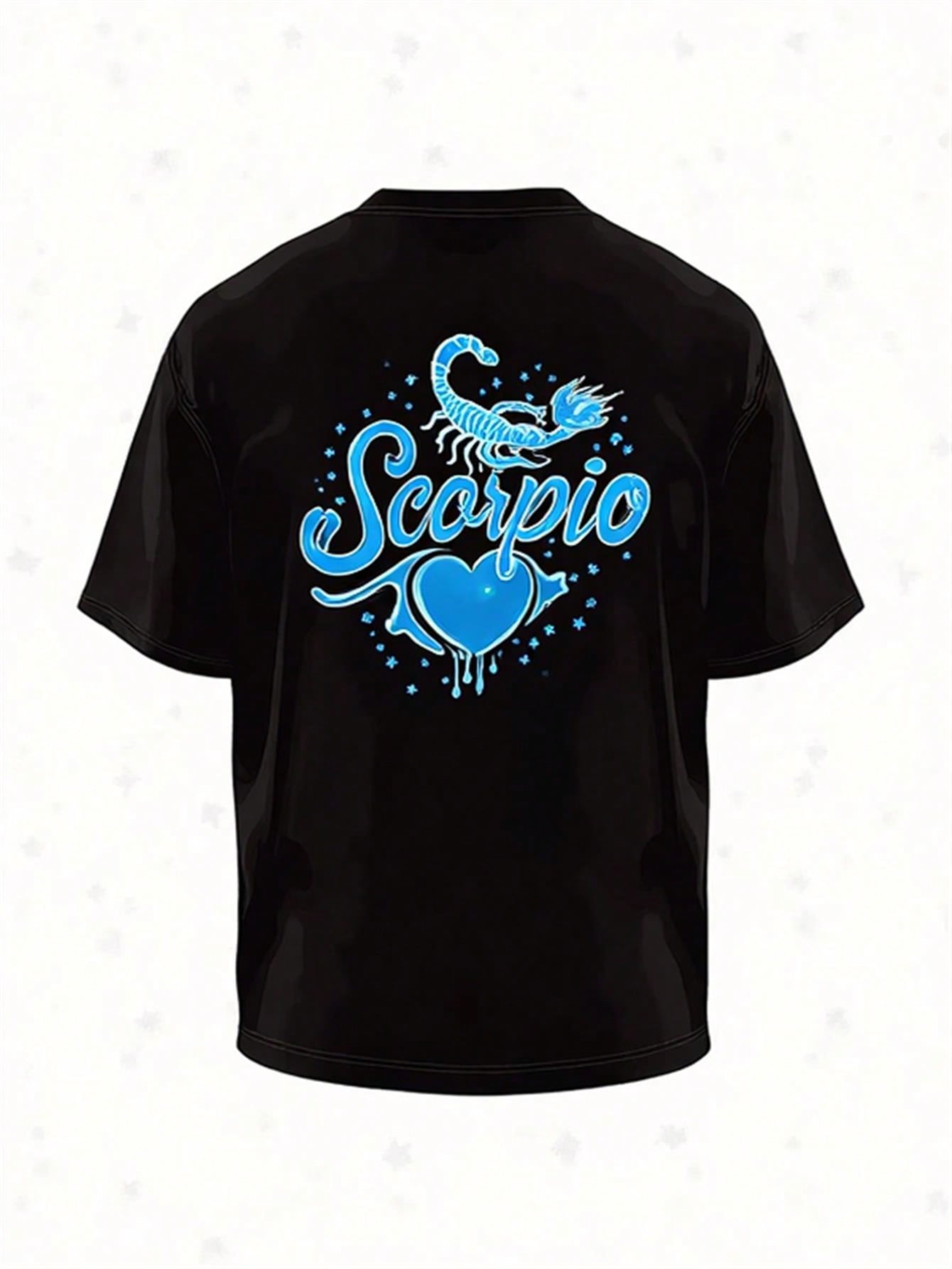 Men's Scorpio Zodiac Graphic T-Shirt - Black & Blue Scorpion Design With Liquid Lettering & Star Accents, 100% Cotton Casual Round Neck Short Sleeve Shirt For Casual Attire, Birthday & Holiday Gifts For Scorpio Men, Dynamic Cosmic Blue Scorpion With Heat