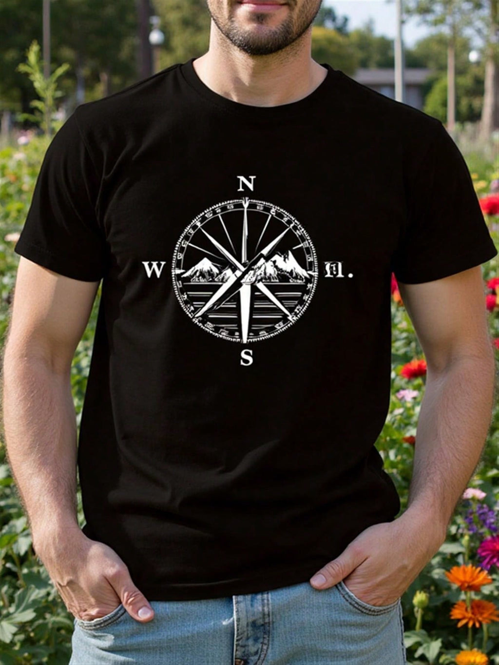 Men'S Compass & Mountain Graphic T-Shirt - Black Crew Neck Short Sleeve Tee With White Geometric Design, Breathable Pure Cotton, Regular Fit For Summer Outdoor Activities, Casual Wear & Holiday Gifts, Adventure Clothing, Adventure Theme Shirt, Comfortable