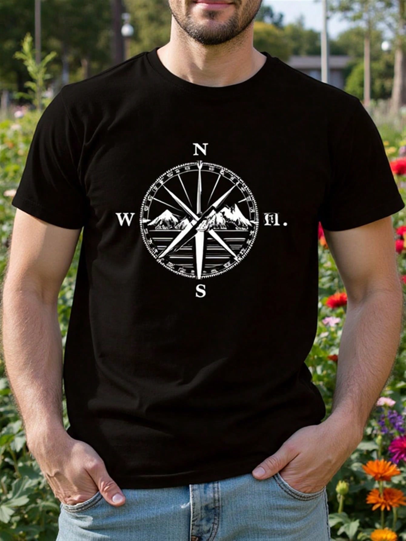 Men'S Compass & Mountain Graphic T-Shirt - Black Crew Neck Short Sleeve Tee With White Geometric Design, Breathable Pure Cotton, Regular Fit For Summer Outdoor Activities, Casual Wear & Holiday Gifts, Adventure Clothing, Adventure Theme Shirt, Comfortable