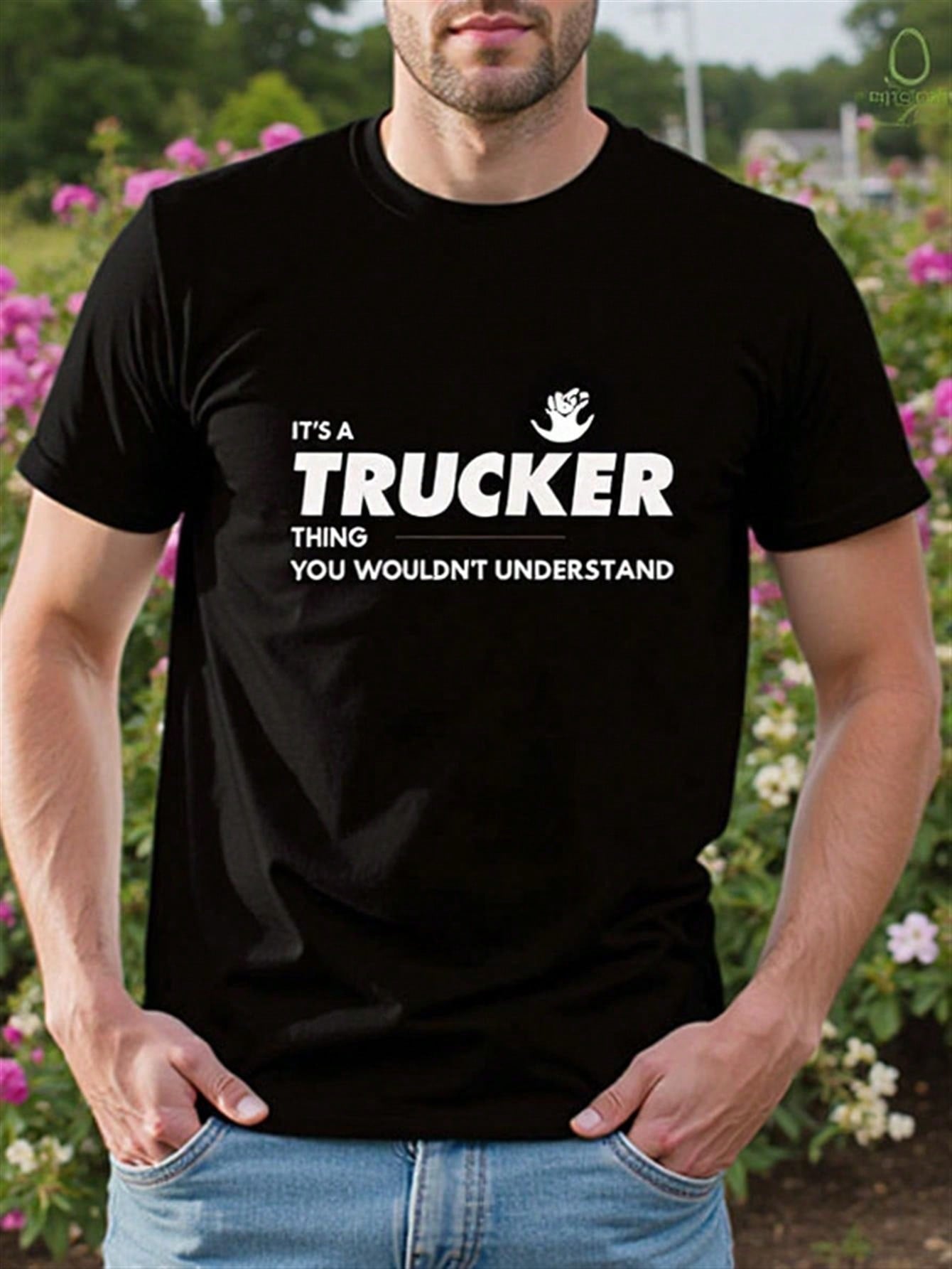 Men's Black Trucker Slogan T-Shirt - It's A Trucker Thing Bold White Print & Steering Wheel Graphic, 100% Cotton Casual Round Neck Short Sleeve Tee For Truck Drivers, Casual Attire & Holiday Gifts,100% Pure Cotton Short Sleeved Shirt, Essential For Summer