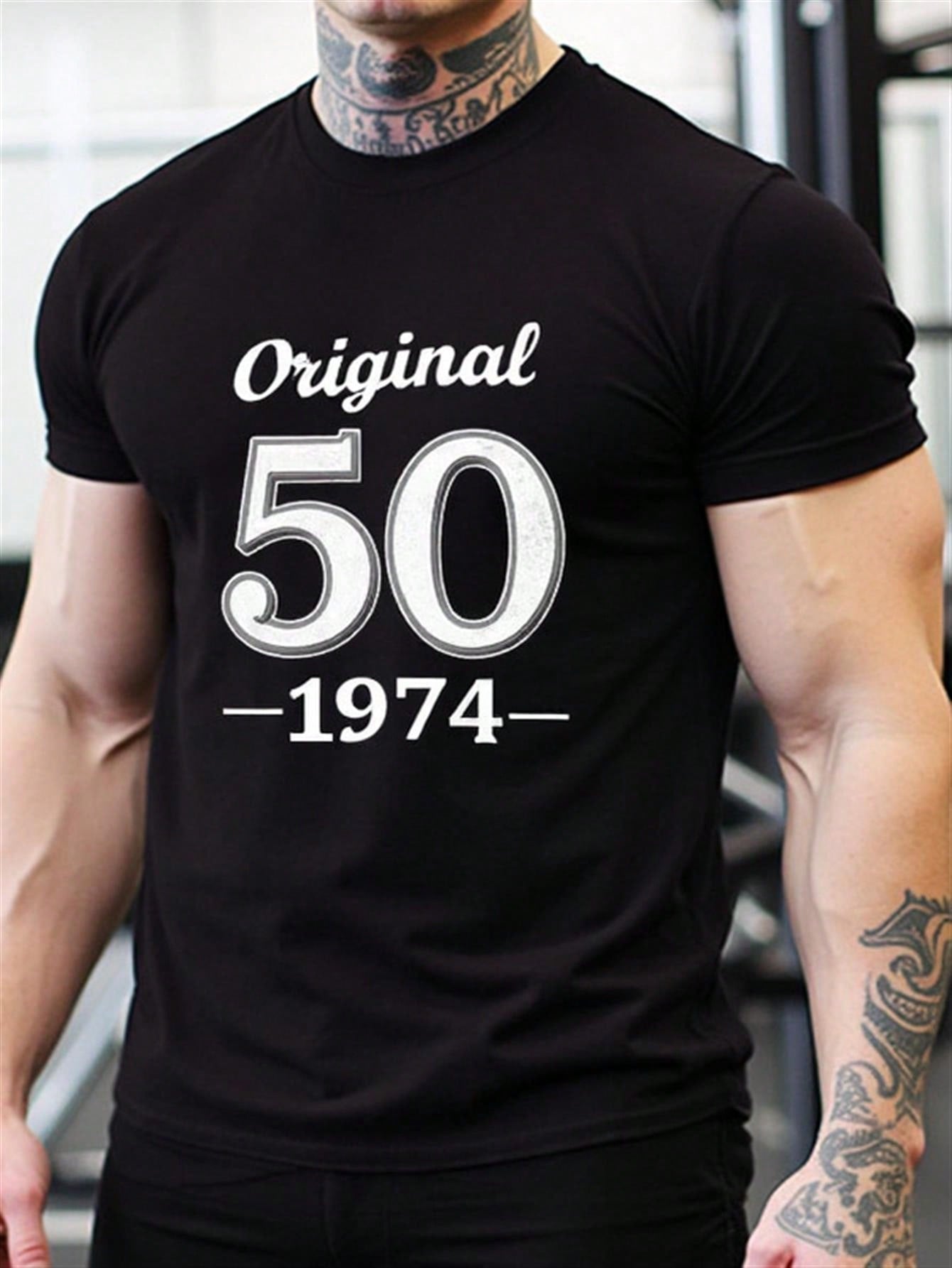 Men's Vintage 1974 Graphic T-Shirt - Original 50th Year Retro Design, Heavyweight 100% Cotton Relaxed Fit Round Neck Short Sleeve Casual Tee For Gym, Casual Attire & Holiday Gifts - Machine Washable Black With White Text,100% Pure Cotton Short Sleeved Shi