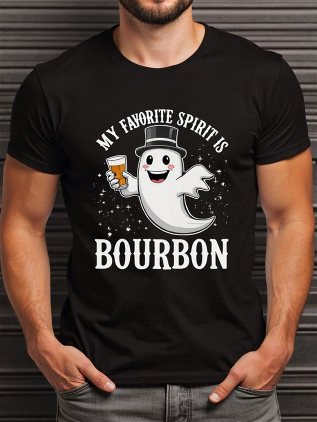 Men's Funny Bourbon Whiskey Graphic T-Shirt - My Favorite Spirit Is Bourbon Casual Tee - Black Shirt With White Print - Breathable Everyday & Halloween Party Apparel - Machine Washable Gift For Spirits Lovers - Pure Cotton Round Neck Short Sleeve With Geo