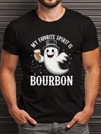 Men's Funny Bourbon Whiskey Graphic T-Shirt - My Favorite Spirit Is Bourbon Casual Tee - Black Shirt With White Print - Breathable Everyday & Halloween Party Apparel - Machine Washable Gift For Spirits Lovers - Pure Cotton Round Neck Short Sleeve With Geo