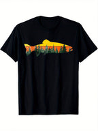Men's Casual Short Sleeved Tshirt Black Trout Fly Fishing Pattern Sunset Forest Design Breathable Regular Version Tshirt Suitable For Outdoor Enthusiasts Machine Washable Natural Style Clothing Natural Theme Design Comfortable Casual Wear,100% Pure Cotton