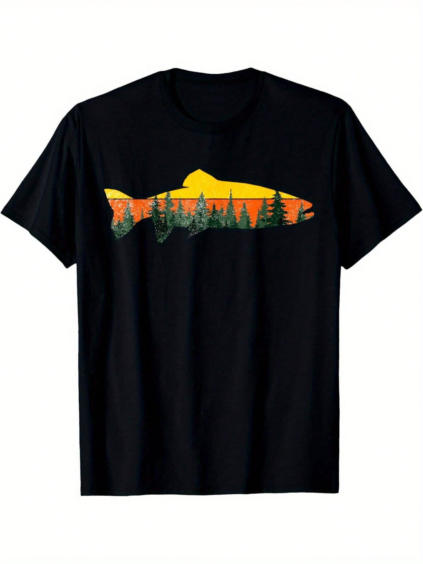 Men's Casual Short Sleeved Tshirt Black Trout Fly Fishing Pattern Sunset Forest Design Breathable Regular Version Tshirt Suitable For Outdoor Enthusiasts Machine Washable Natural Style Clothing Natural Theme Design Comfortable Casual Wear,100% Pure Cotton