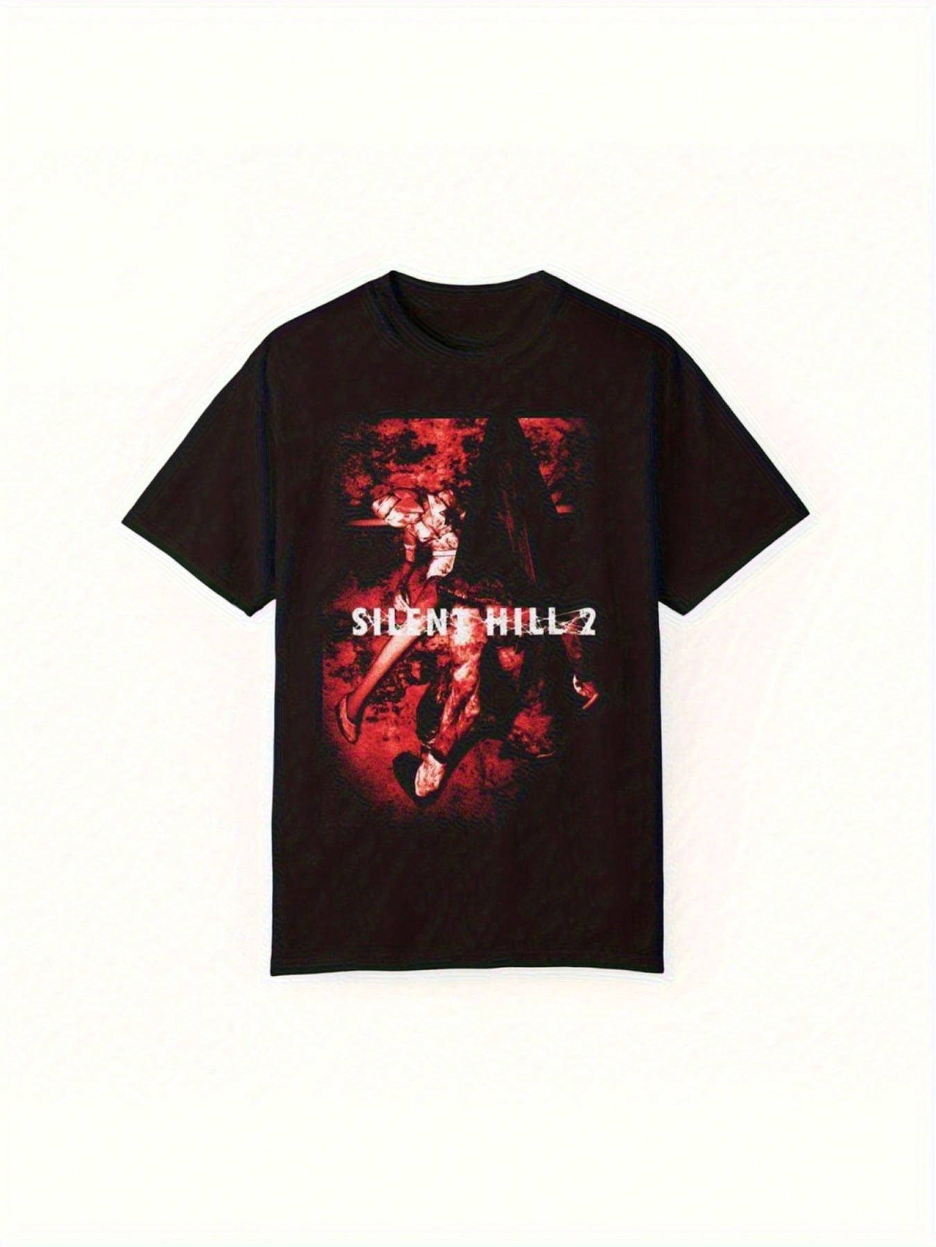 Mens Silent Hill Shirt With Red Print Graphic Heavyweight Retro Gaming Tee Crew Neck Horror Game Apparel For Halloween Costumes Casual Attire Machine Washable Silent Hill 2 Collectors Top PLUS SIZE,100% Pure Cotton Short Sleeved Shirt, Essential For Summe