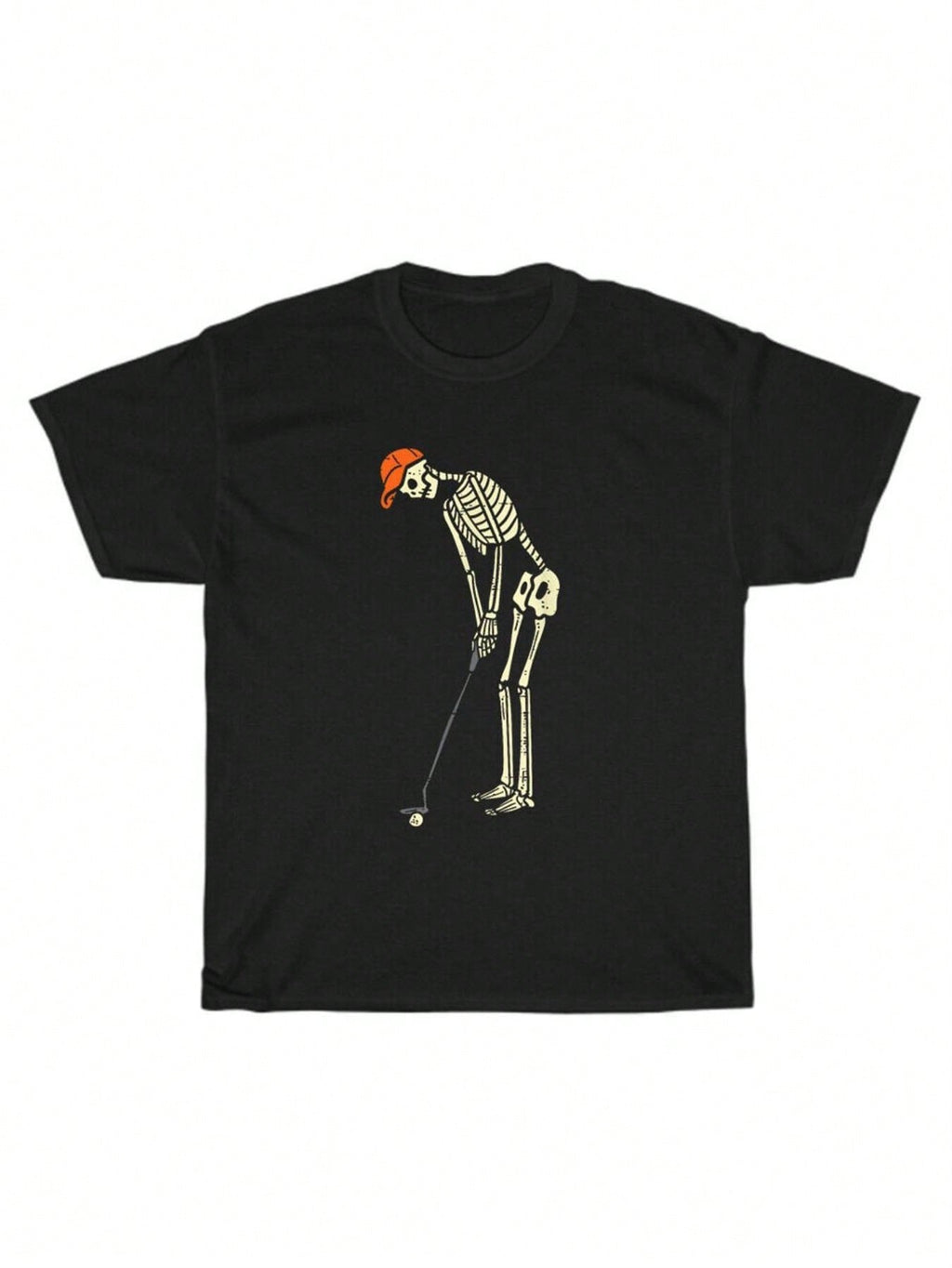 Interesting Skeleton Golfers Tshirt Unisex Halloween And Casual Wear Black Cotton Tshirt Orange Hat Design Short Sleeves Machine Washable Perfect Gift For Golf Enthusiasts,100% Pure Cotton Short Sleeved Shirt, Essential For Summer And Spring, Loose Casual