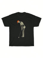 Interesting Skeleton Golfers Tshirt Unisex Halloween And Casual Wear Black Cotton Tshirt Orange Hat Design Short Sleeves Machine Washable Perfect Gift For Golf Enthusiasts,100% Pure Cotton Short Sleeved Shirt, Essential For Summer And Spring, Loose Casual