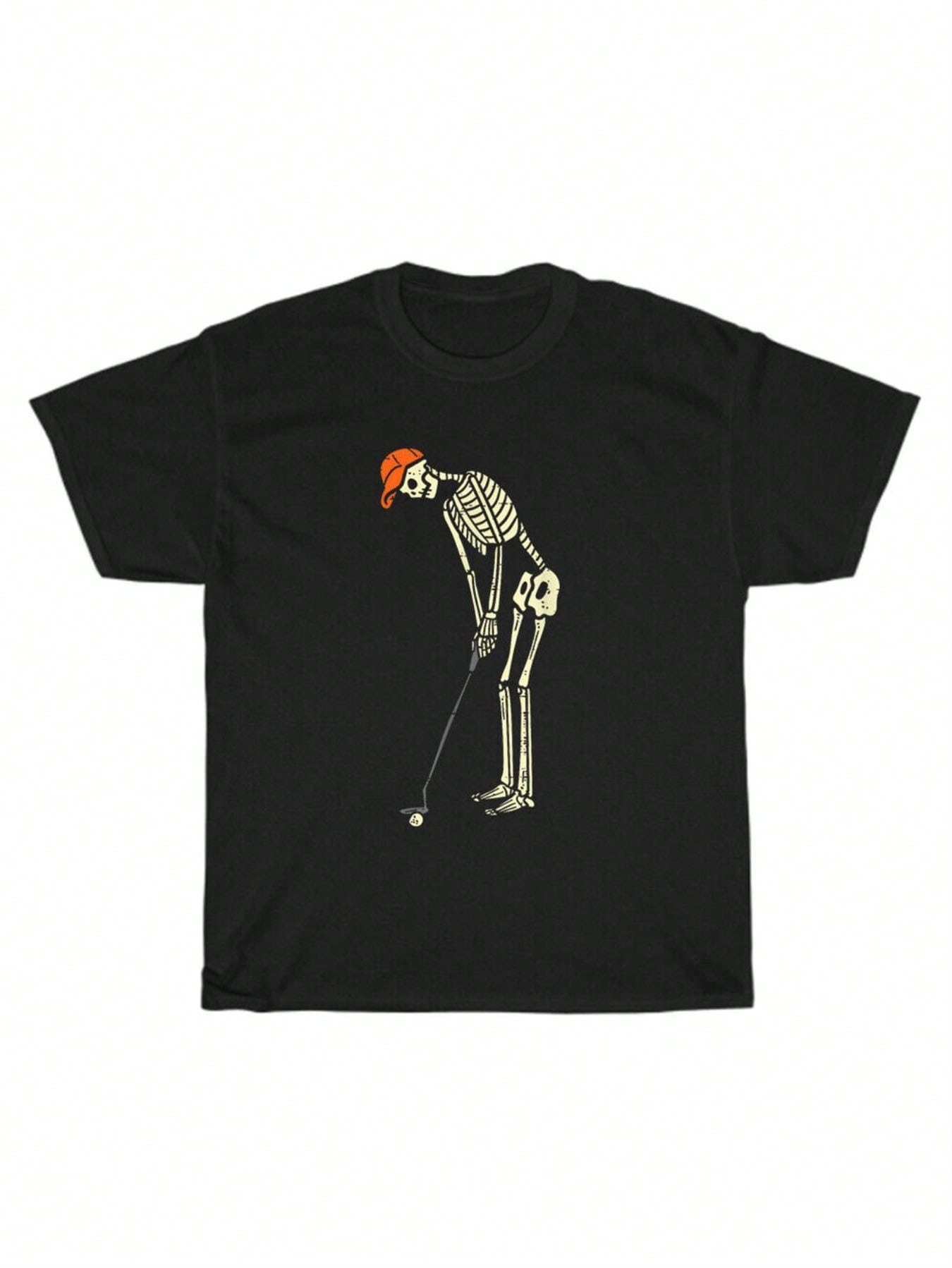 Interesting Skeleton Golfers Tshirt Unisex Halloween And Casual Wear Black Cotton Tshirt Orange Hat Design Short Sleeves Machine Washable Perfect Gift For Golf Enthusiasts,100% Pure Cotton Short Sleeved Shirt, Essential For Summer And Spring, Loose Casual