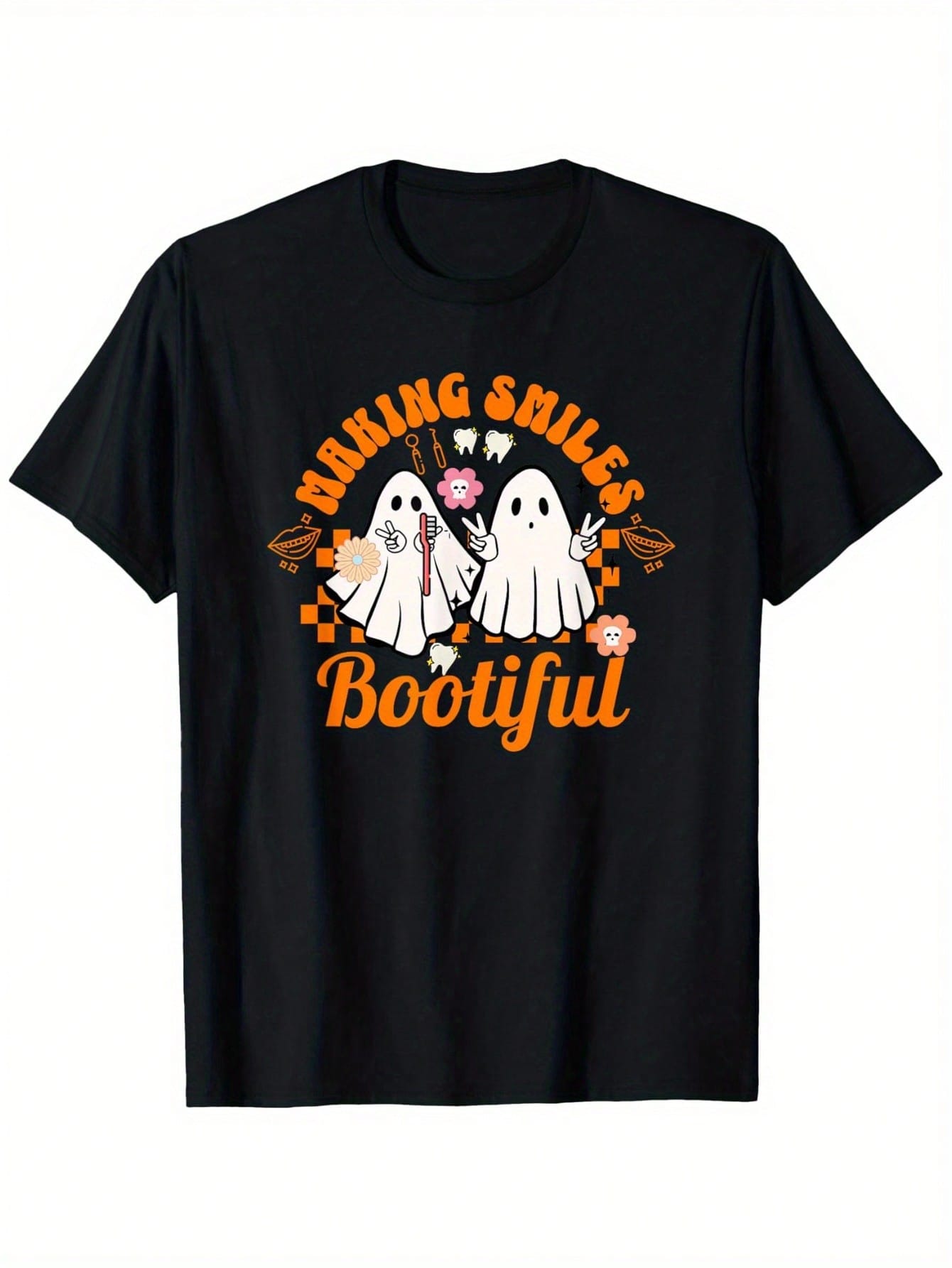 Making Smiles Bootiful Halloween Dental Hygienist Teeth T-Shirt, Home Short Sleeves, Suitable For Various Scenes, New , Loose T-Shirts, More Advanced Personality, Tooth T-Shirt,100% Pure Cotton Short Sleeved Shirt, Essential For Summer And Spring, Loose C