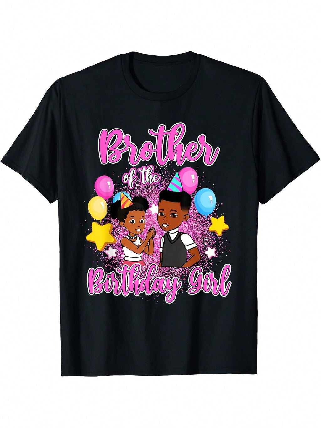 Brother Of The Birthday Girl T-Shirt – Fun Family Celebration Design With Balloons & Stars, Casual Fit, Short Sleeve, Black With Pink & Purple Print, Gracie's Corner Party Tee, Festive Event Clothing Vibrant Print Shirt Durable Print Shirt,100% Pure Cotto