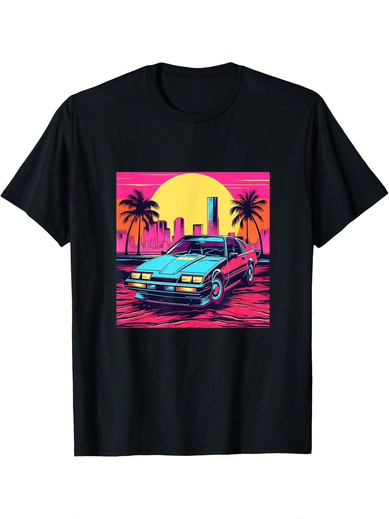 Vintage Miami Synthwave 80s 90s Aesthetic T-Shirt - Retro Car Graphic Tee With Vibrant Colors, Short Sleeve, Round Neck, Regular Fit, All-Season Casual Wear For Adults, Vintage T Shirts, Nostalgic Fashion, Durable Print Quality,100% Pure Cotton Short Slee