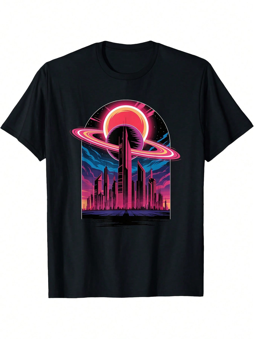 Retro Futuristic Cityscape T-Shirt With SATURN & Ring Eclipse Graphic - Neon Pink & Blue Space Design, 80s Sci-Fi Inspired Casual Round Neck Short Sleeve Tee For Men & Women, All-Season Comfort Fit,100% Pure Cotton Short Sleeved Shirt, Essential For Summe
