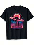 Retro Futuristic Cityscape T-Shirt With SATURN & Ring Eclipse Graphic - Neon Pink & Blue Space Design, 80s Sci-Fi Inspired Casual Round Neck Short Sleeve Tee For Men & Women, All-Season Comfort Fit,100% Pure Cotton Short Sleeved Shirt, Essential For Summe