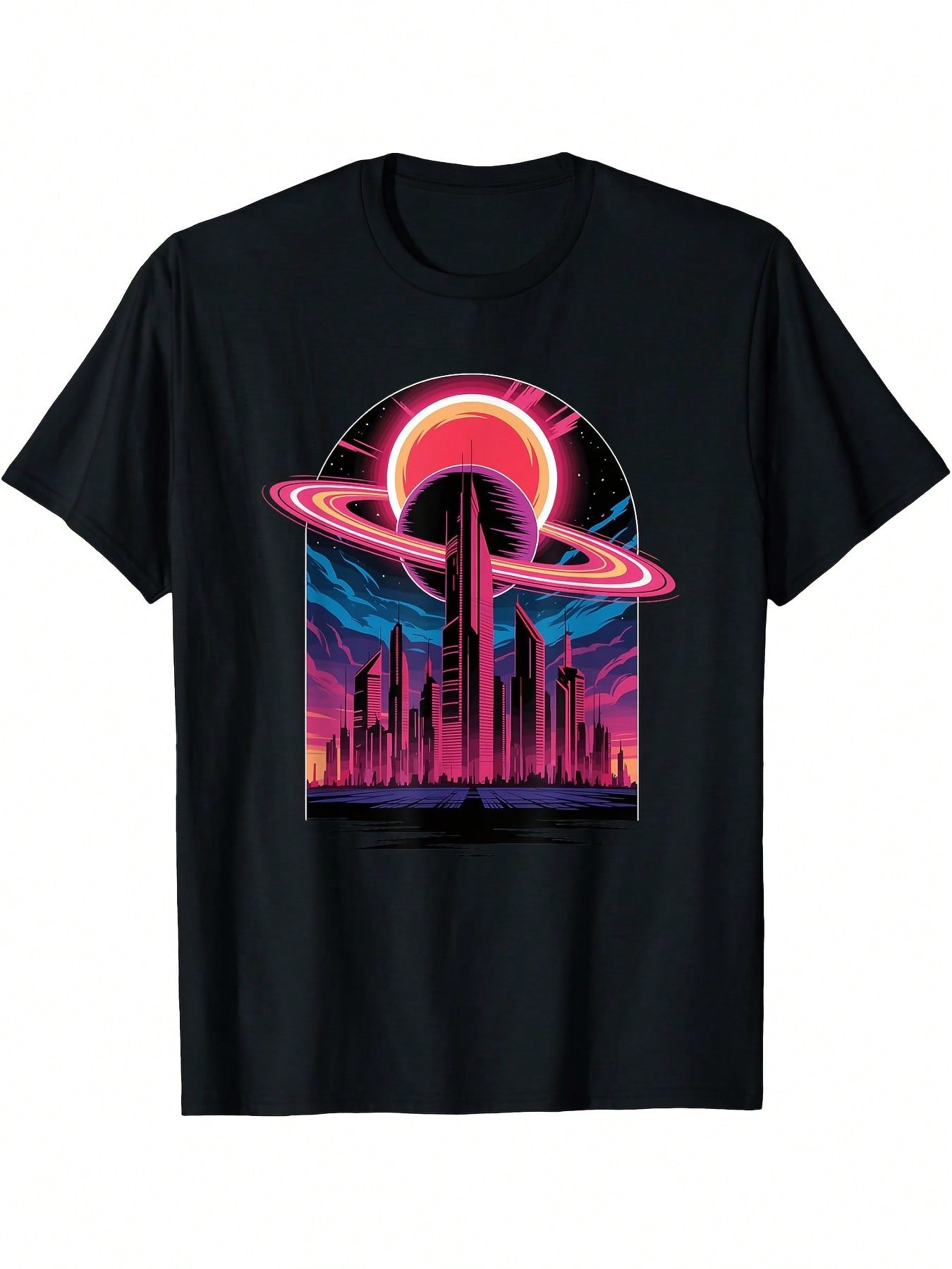 Retro Futuristic Cityscape T-Shirt With SATURN & Ring Eclipse Graphic - Neon Pink & Blue Space Design, 80s Sci-Fi Inspired Casual Round Neck Short Sleeve Tee For Men & Women, All-Season Comfort Fit,100% Pure Cotton Short Sleeved Shirt, Essential For Summe