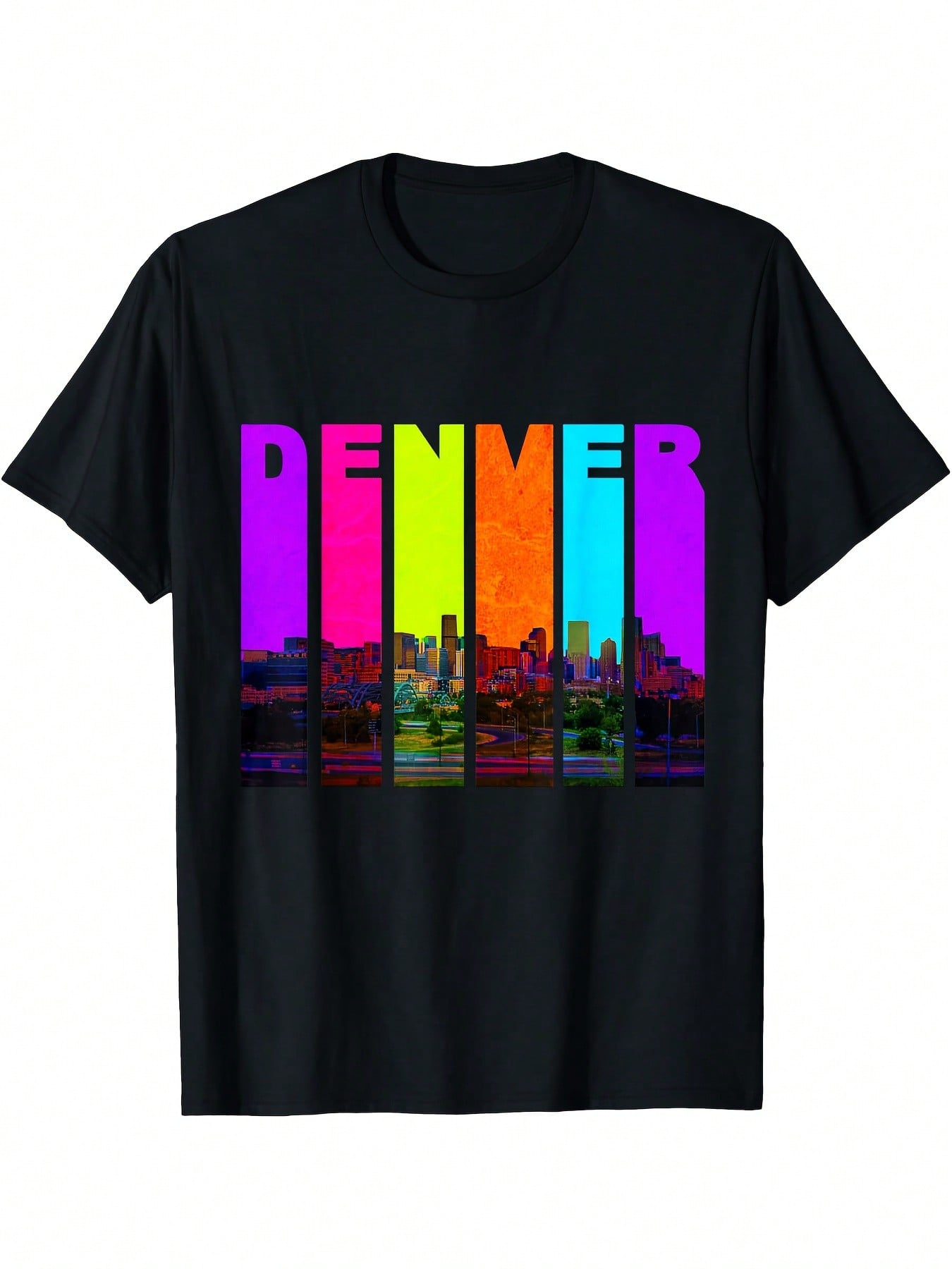 Retro I Love Denver Colorado Skyline T-Shirt - Vibrant Neon Cityscape Print, Casual Crew Neck, Short Sleeve, Regular Fit, All-Season Wear, Adult Sizes, Casual Wear Tee Retro Style Shirt Digital Print Shirt,100% Pure Cotton Short Sleeved Shirt, Essential F
