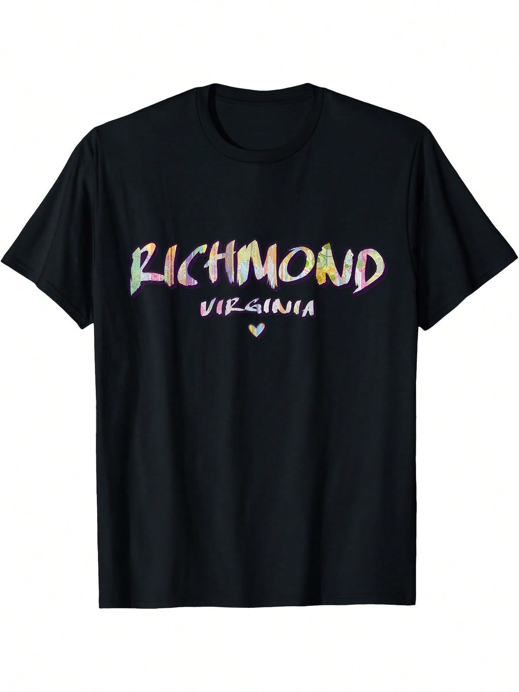 Richmond VA Graphic T-Shirt - Black Tee With Neon-Like Purple-Pink Gradient Lettering, Heart Symbol - Casual Crewneck Top For Virginia Locals & Visitors - Machine Washable Apparel, Streetwear Style, Watercolor Design, Breathable Material, Short Sleeve Shi