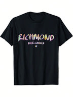 Richmond VA Graphic T-Shirt - Black Tee With Neon-Like Purple-Pink Gradient Lettering, Heart Symbol - Casual Crewneck Top For Virginia Locals & Visitors - Machine Washable Apparel, Streetwear Style, Watercolor Design, Breathable Material, Short Sleeve Shi