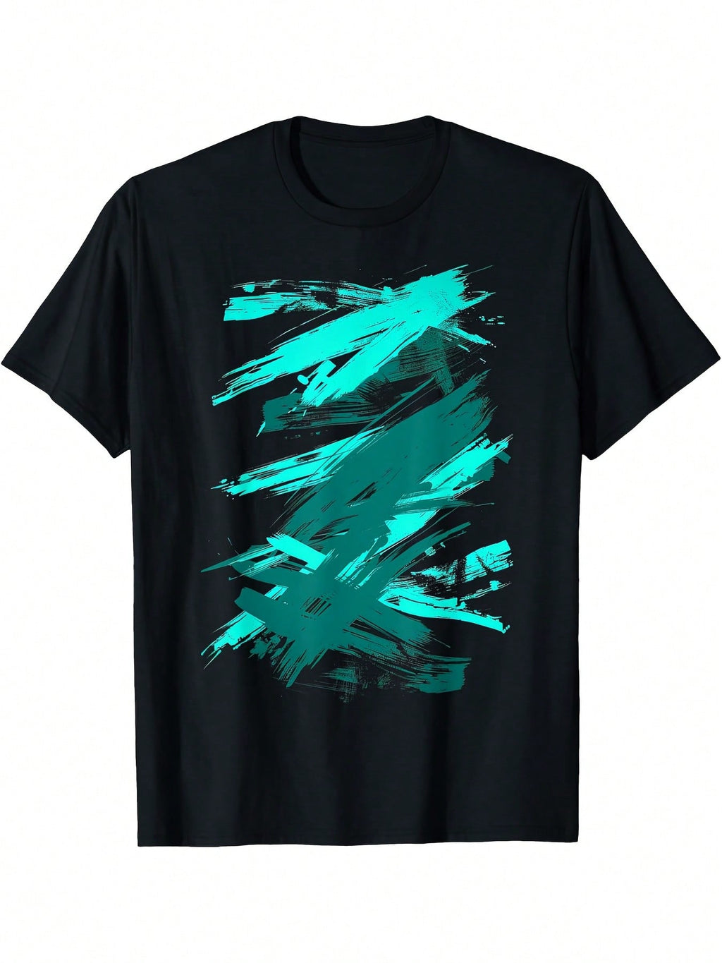 Unisex Adult Casual Graphic T-Shirt - Teal & Black Abstract Brush Stroke Print, 100% Cotton Short Sleeve Round Neck, Machine Washable All-Season Comfort Fit, Everyday Tshirt Artistic Print Shirt Comfortable Fit,100% Pure Cotton Short Sleeved Shirt, Essent