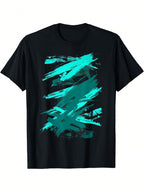 Unisex Adult Casual Graphic T-Shirt - Teal & Black Abstract Brush Stroke Print, 100% Cotton Short Sleeve Round Neck, Machine Washable All-Season Comfort Fit, Everyday Tshirt Artistic Print Shirt Comfortable Fit,100% Pure Cotton Short Sleeved Shirt, Essent