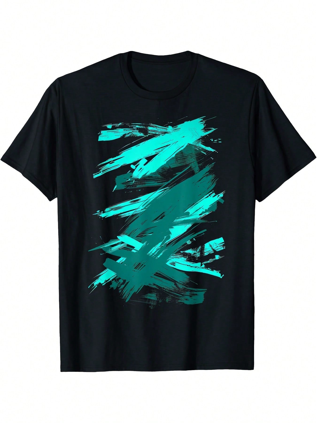 Unisex Adult Casual Graphic T-Shirt - Teal & Black Abstract Brush Stroke Print, 100% Cotton Short Sleeve Round Neck, Machine Washable All-Season Comfort Fit, Everyday Tshirt Artistic Print Shirt Comfortable Fit,100% Pure Cotton Short Sleeved Shirt, Essent