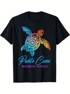 Men's & Women's Punta Cana Dominican Republic Tropical Vacation T-Shirt - Black Tee With Blue, Orange, Pink Tie-Dye Sea Turtle - Casual Caribbean Beach Shirt For Travel Souvenir Casual Attire - Machine Washable Digital Print Apparel,100% Pure Cotton Short