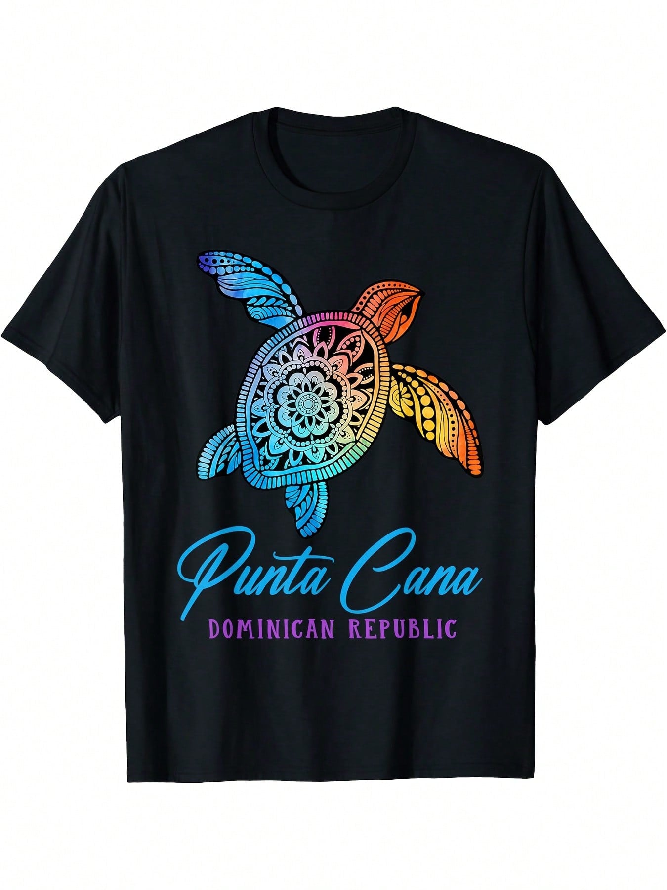 Men's & Women's Punta Cana Dominican Republic Tropical Vacation T-Shirt - Black Tee With Blue, Orange, Pink Tie-Dye Sea Turtle - Casual Caribbean Beach Shirt For Travel Souvenir Casual Attire - Machine Washable Digital Print Apparel,100% Pure Cotton Short