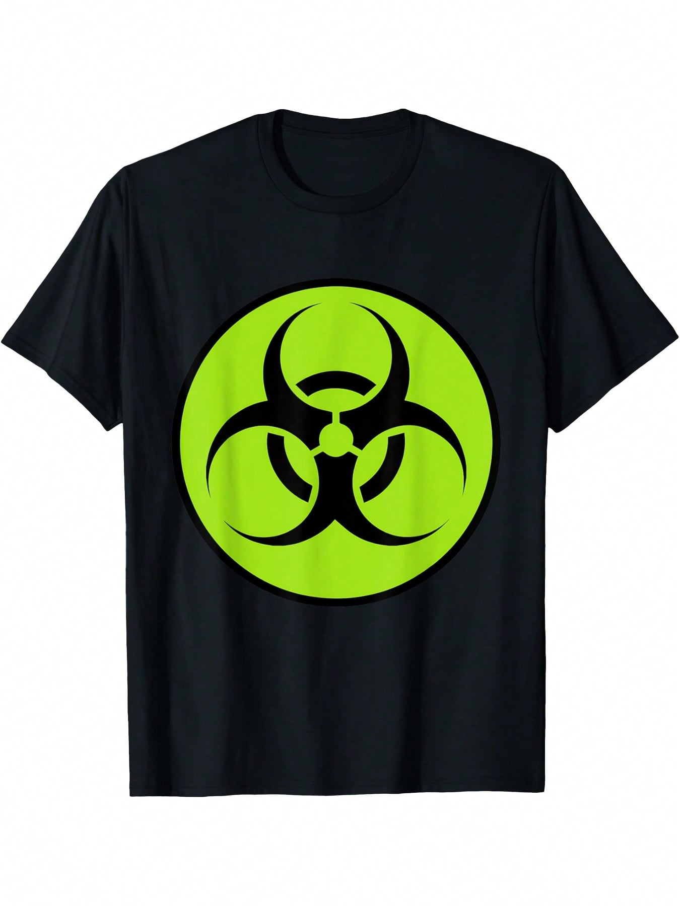 Biohazard Symbol T-Shirt - Neon Green Biohazard Emblem Tee - Black Background For Halloween, Sci-Fi Costumes, Biochemical Threat Symbols - Adult Casual Shirt - Easy-Care Graphic Top, Halloween Apparel, Short Sleeve Tee, Durable Print Quality, Costume Appa