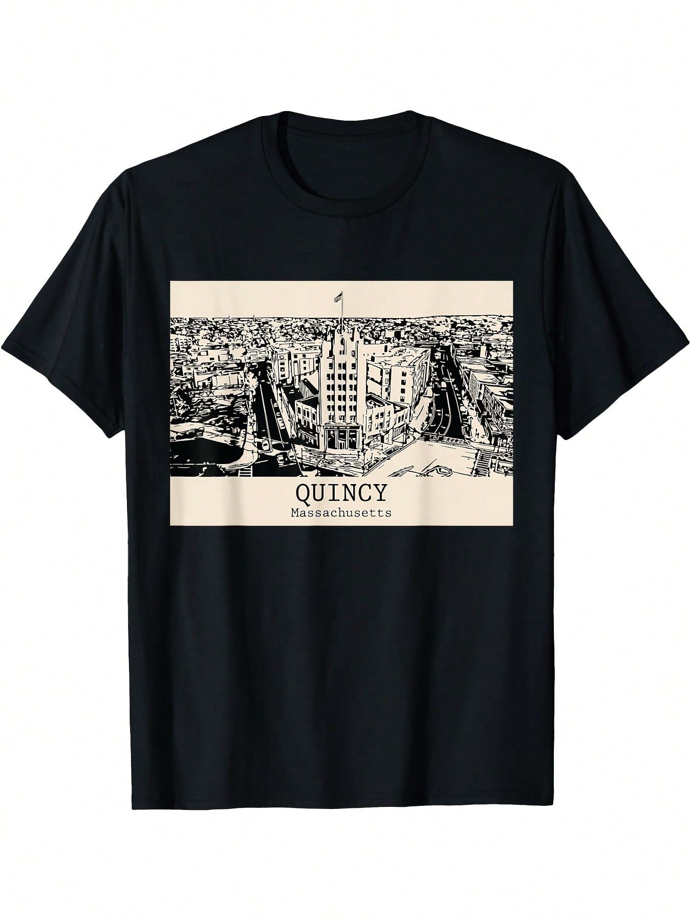 Quincy Massachusetts Vintage Retro Travel Souvenir T-Shirt - Black With White Historical Landmarks Print, Short Sleeve Round Neck Casual Tee For Adults, All-Season Comfort & Nostalgic Local Pride Gift, Classic Design, Machine Washable, Comfortable Fit,100
