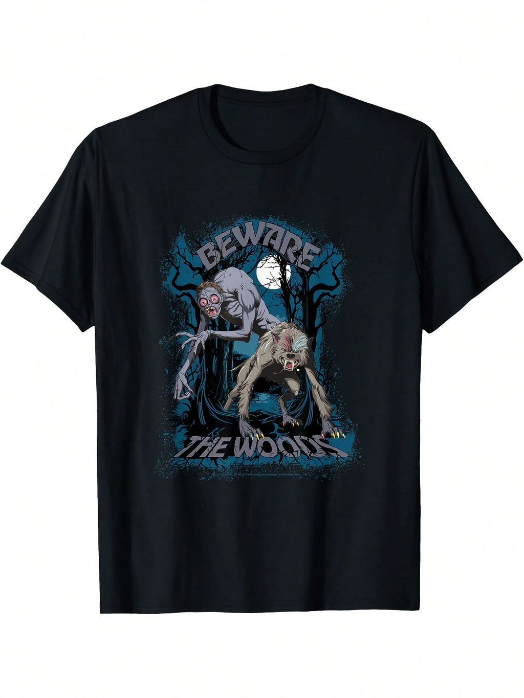 Wednesday Beware The Woods Hyde Tyler & Wolf Enid Graphic T-Shirt - Black Casual Short Sleeve Tee With Digital Print, Regular Fit Round Neck, All-Season Comfort For Adults, Casual Attire, Bold Print Shirt, Durable Print Quality, Everyday Shirt, Spooky Des