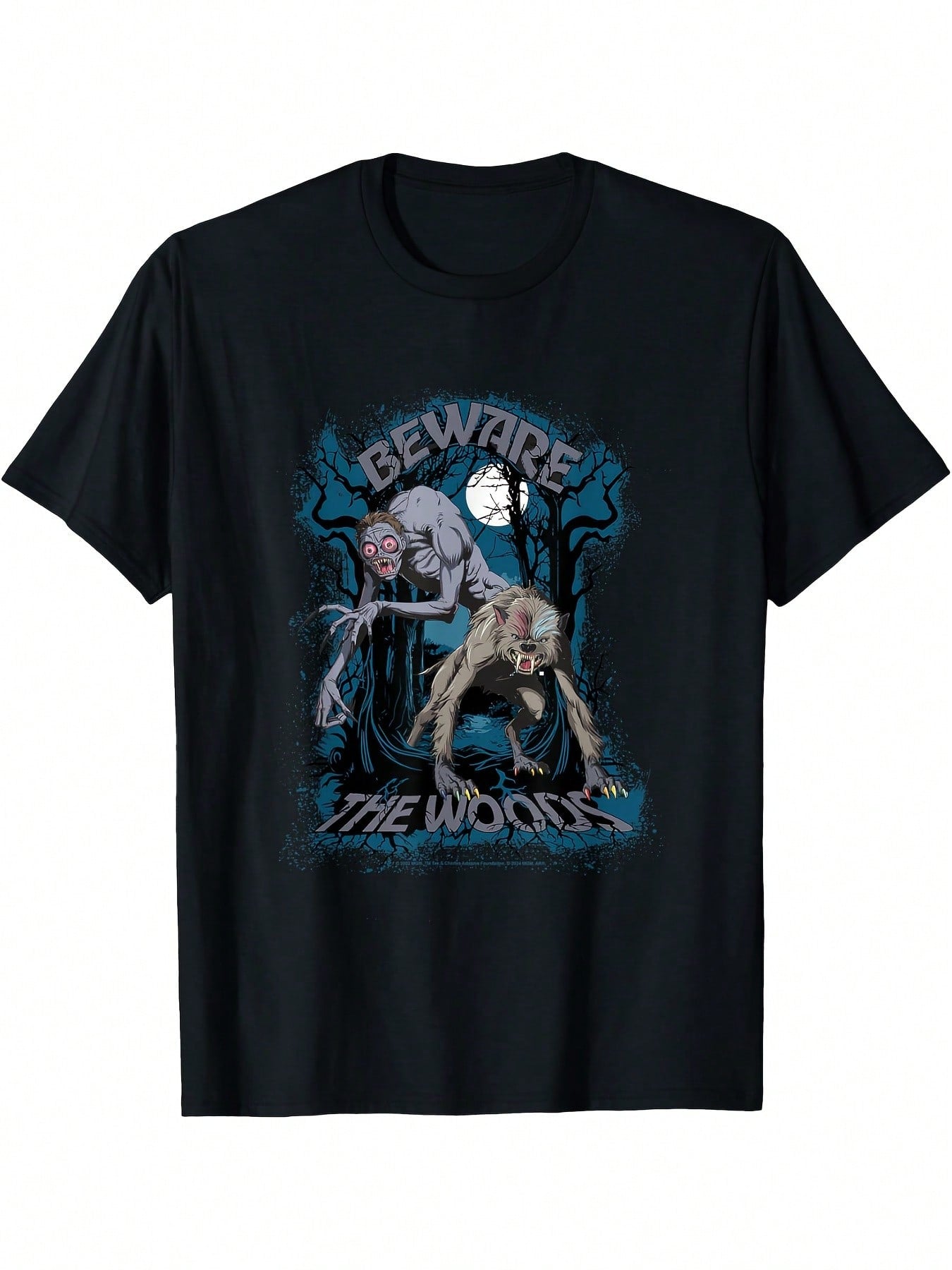 Wednesday Beware The Woods Hyde Tyler & Wolf Enid Graphic T-Shirt - Black Casual Short Sleeve Tee With Digital Print, Regular Fit Round Neck, All-Season Comfort For Adults, Casual Attire, Bold Print Shirt, Durable Print Quality, Everyday Shirt, Spooky Des
