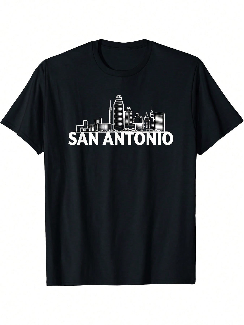 San Antonio Texas USA City Skyline Silhouette Outline Sketch T-Shirt - Black Casual Short Sleeve Tee With White Graphic Print, Regular Fit Round Neck, All-Season Comfort For Adults, Casual Attire, Comfortable Fit, Everyday Tshirt, Urban Style, Durable Pri