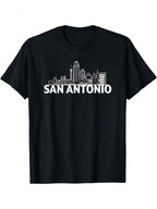 San Antonio Texas USA City Skyline Silhouette Outline Sketch T-Shirt - Black Casual Short Sleeve Tee With White Graphic Print, Regular Fit Round Neck, All-Season Comfort For Adults, Casual Attire, Comfortable Fit, Everyday Tshirt, Urban Style, Durable Pri