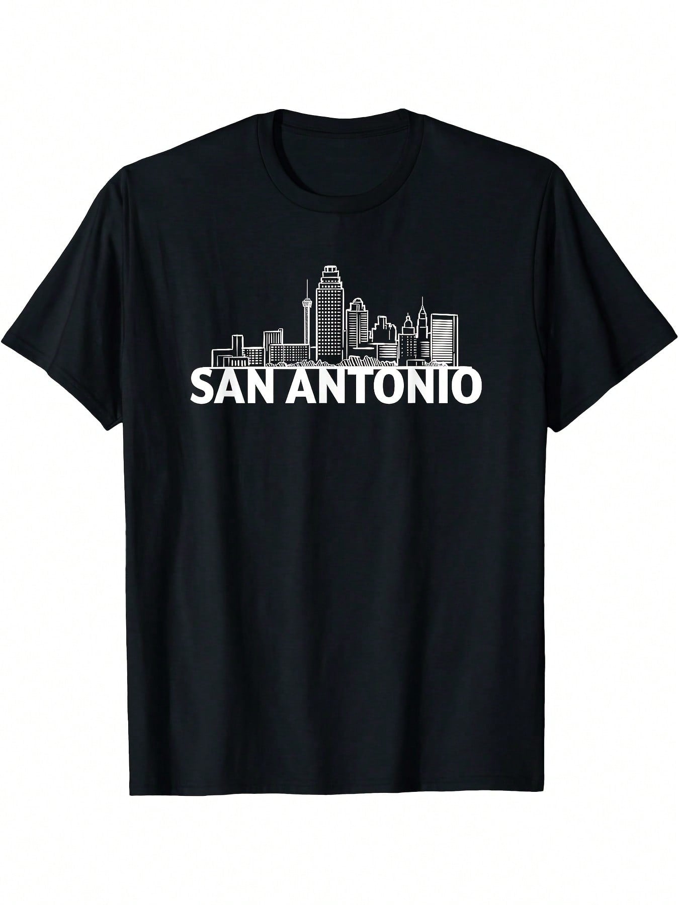San Antonio Texas USA City Skyline Silhouette Outline Sketch T-Shirt - Black Casual Short Sleeve Tee With White Graphic Print, Regular Fit Round Neck, All-Season Comfort For Adults, Casual Attire, Comfortable Fit, Everyday Tshirt, Urban Style, Durable Pri