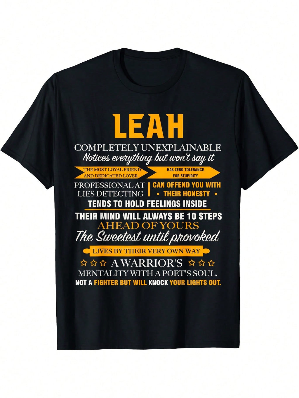 Leah Name T-Shirt - Bold Leah Text, Black With Yellow Accent - Funny & Inspirational Quotes - Casual Casual Attire - Machine Washable Digital Print Tee - BirthdayChristmas Gift For Leah - Women's & Men's Apparel, Bold Statement Shirt, Comfortable Round Ne