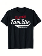 Funny Grandchild Birthday Or Christmas Gift T-Shirt - Bold Red Text Saying It's Official I'm The Favorite Grandchild - Soft Breathable Fabric Casual Crewneck Tee For Grandparents - Machine Washable Black Shirt With Grandma Grandpa Grandkid Funny Family Ap