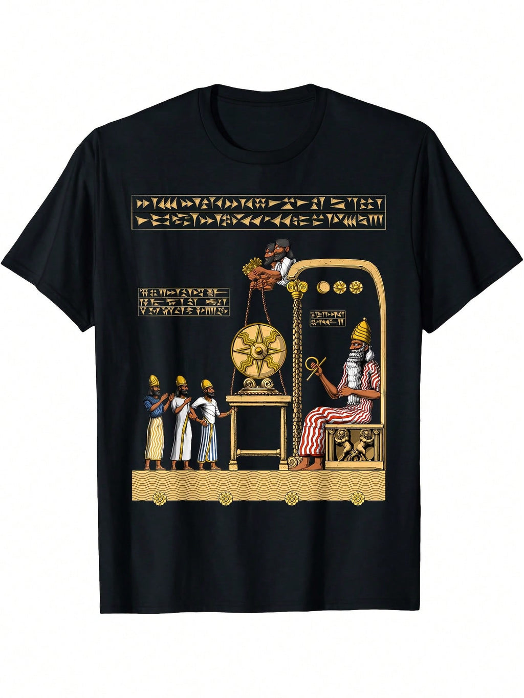 Anunnaki Alien Sumerian Gods Ancient Babylonian Graphic T-Shirt - Black Casual Short Sleeve Tee With Golden & White Mythical Design, Regular Fit Round Neck, All-Season Comfort For Adults, Mythical Clothing Mythical Print Shirt Durable Print Shirt, T Shirt