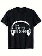 Men'S 'Can't Hear You, I'm Gaming' Graphic T-Shirt - Funny Video Game Design, Comfortable 100% Cotton Short Sleeve, Black With White Print, S-XXXL, Perfect For Summer Gaming Sessions,100% Pure Cotton Short Sleeved Shirt, Essential For Summer And Spring, L