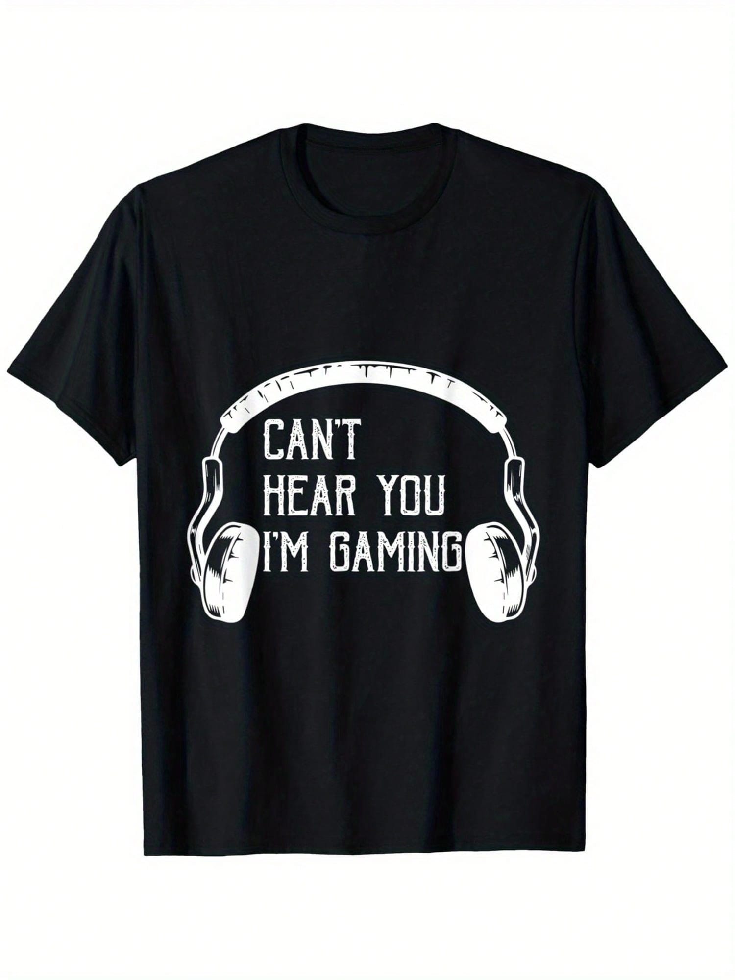 Men'S 'Can't Hear You, I'm Gaming' Graphic T-Shirt - Funny Video Game Design, Comfortable 100% Cotton Short Sleeve, Black With White Print, S-XXXL, Perfect For Summer Gaming Sessions,100% Pure Cotton Short Sleeved Shirt, Essential For Summer And Spring, L