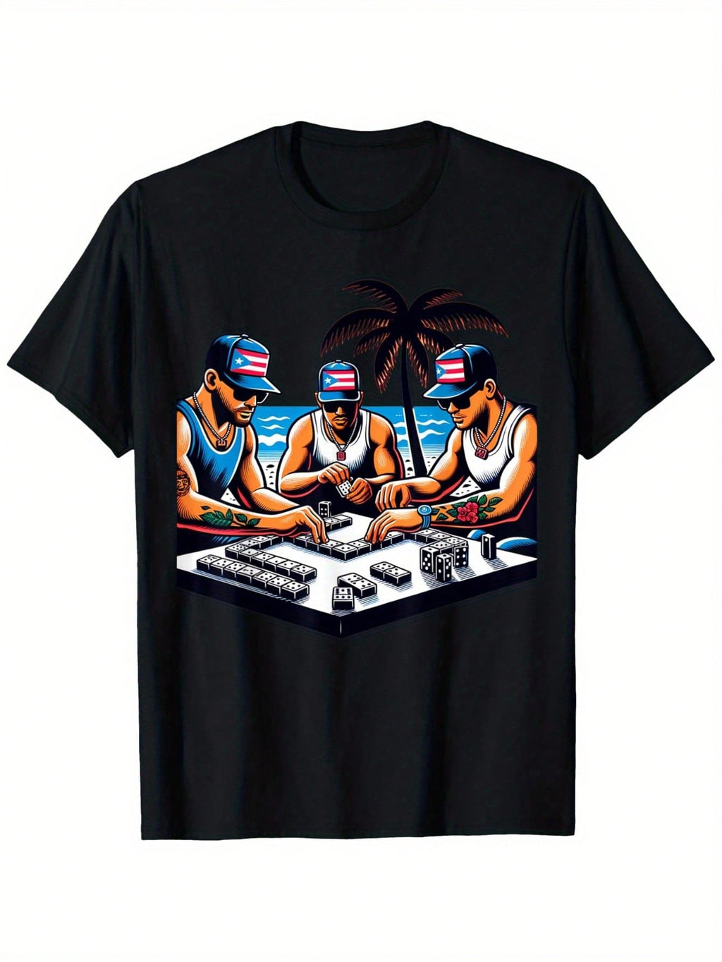 Puerto Ricans Playing Dominoes By The Beach Fathers Day Gift T-Shirt, Mens Clothes, Mens T Shirts 100%Cotton, S-XXXL,100% Pure Cotton Short Sleeved Shirt, Essential For Summer And Spring, Loose Casual Round Neck, Men's Letter Printed T-Shirt