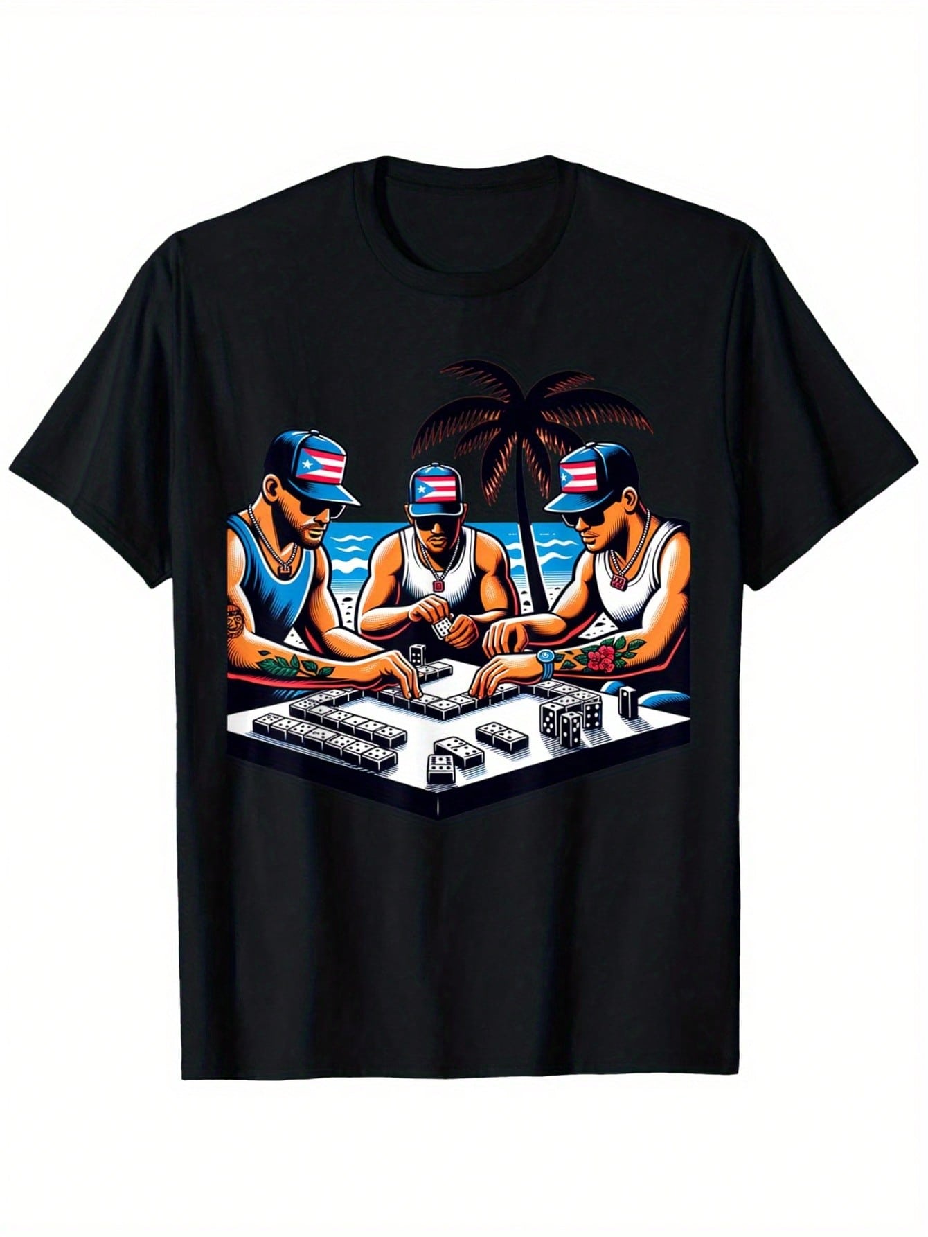 Puerto Ricans Playing Dominoes By The Beach Fathers Day Gift T-Shirt, Mens Clothes, Mens T Shirts 100%Cotton, S-XXXL,100% Pure Cotton Short Sleeved Shirt, Essential For Summer And Spring, Loose Casual Round Neck, Men's Letter Printed T-Shirt