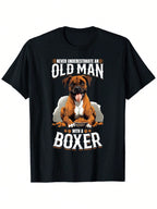 Boxer Dog Breed Graphic T-Shirt - Never Underestimate An Old For Man With A Boxer Design, Unisex Casual Round Neck Short Sleeve Tee, 100% Cotton, Stretch Fit, S-XXXL, Black With Orange & White Print, Allseason Clothing Playful Design Durable Fabric,100% P