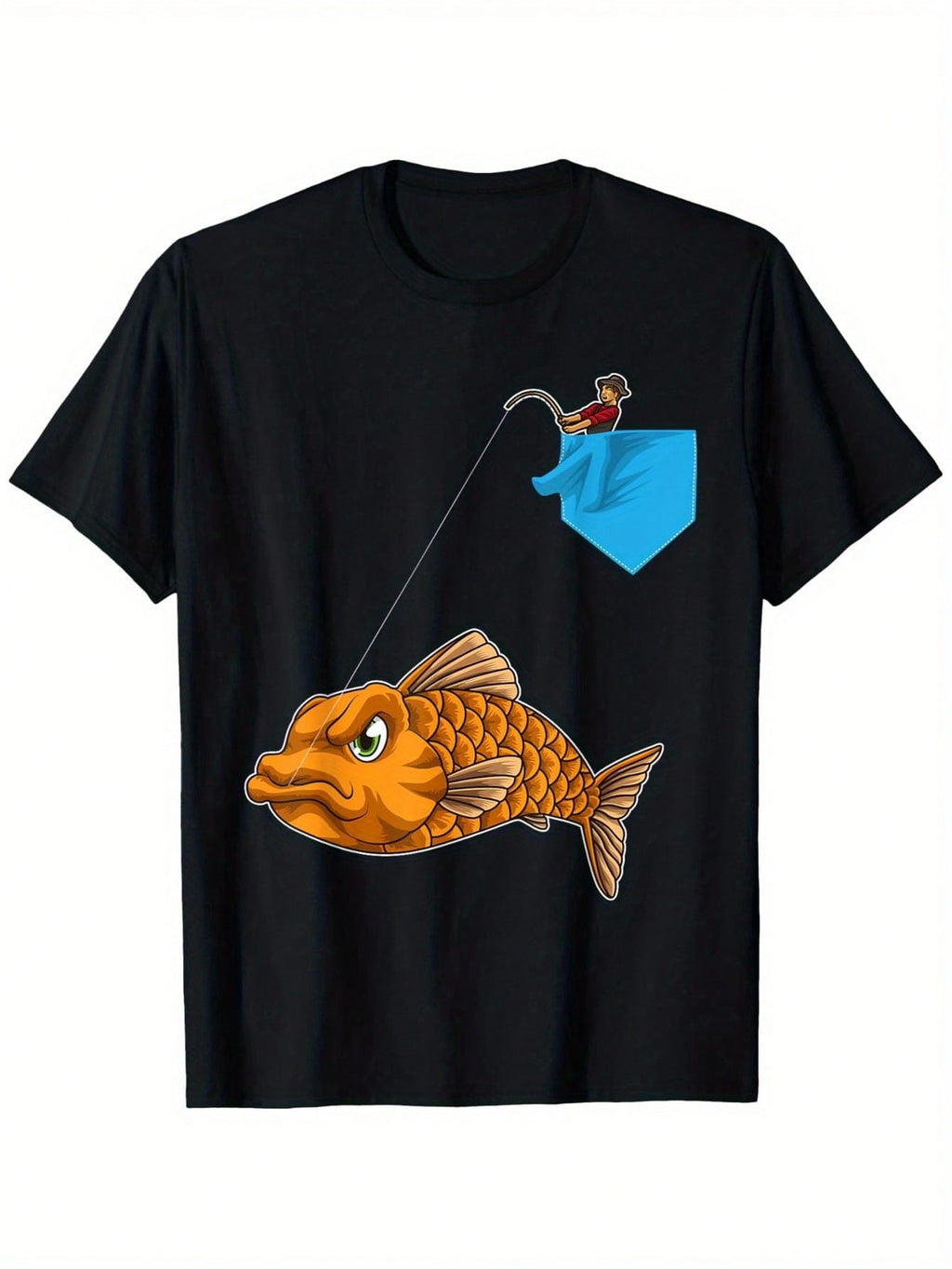 Men's Funny Fishing Graphic T-Shirt - 100% Cotton Relaxed Fit With Pocket Fisherman & Jumping Fish Design, Casual Humorous Novelty Tee For Men, Machine Washable, Sizes S-XXXL, Fishing Shirt, Allseason Apparel, Playful Design, Nontransparent Material, Dura
