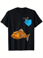 Men's Funny Fishing Graphic T-Shirt - 100% Cotton Relaxed Fit With Pocket Fisherman & Jumping Fish Design, Casual Humorous Novelty Tee For Men, Machine Washable, Sizes S-XXXL, Fishing Shirt, Allseason Apparel, Playful Design, Nontransparent Material, Dura