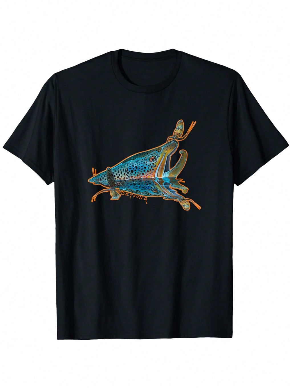 Brown Trout Fishing Emigrant Riser Fly Fishing T-Shirt - Unisex 100% Cotton Relaxed Fit Short Sleeve Tee With Vibrant Trout & Fly Design, Slight Stretch, Machine Washable, S-XXXL, Outdoor Apparel Graphic Tee Stretch Fabric,100% Pure Cotton Short Sleeved S